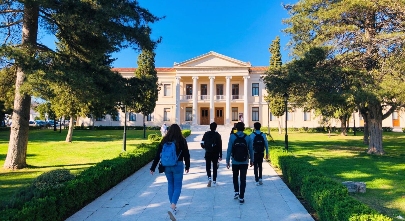 A sunlit neoclassical university building in Ioannina, Greece, surrounded by lush greenery and students walking with backpacks, under a clear blue sky.