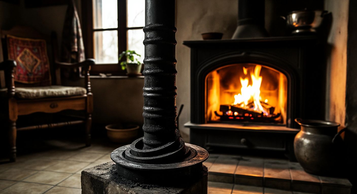 A sturdy, heat-resistant gasket wrapped around a soot-covered stovepipe in a cozy Turkish home, with warm firelight glowing from the hearth.