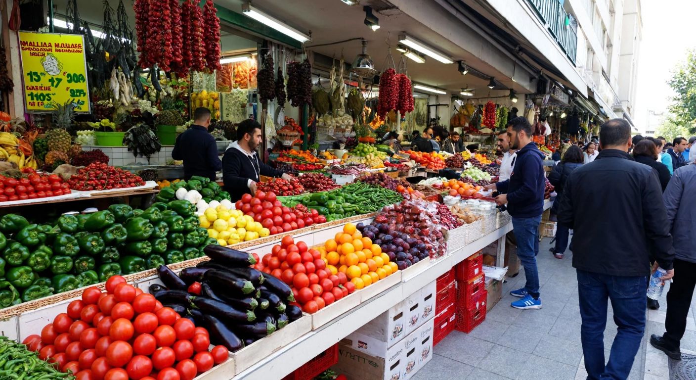 A bustling Turkish marketplace in Mersin, with vibrant piles of fresh tomatoes, peppers, eggplants, oranges, and grapes, alongside stalls displaying fish, spices, and dairy products, as vendors and shoppers engage in lively exchanges.