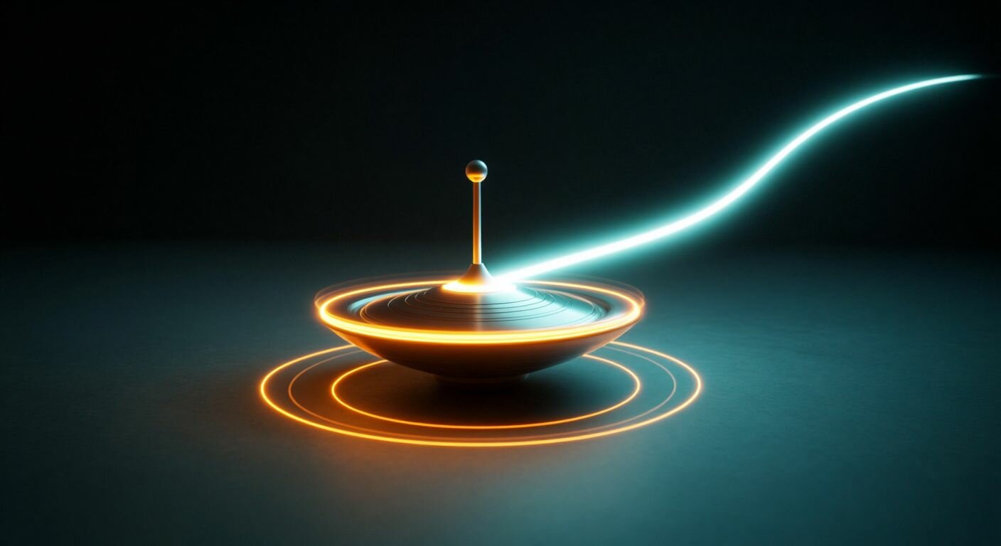 A spinning top with a glowing trail illustrates angular momentum, while an arrow shooting straight from its base represents linear momentum, connected by an invisible force.