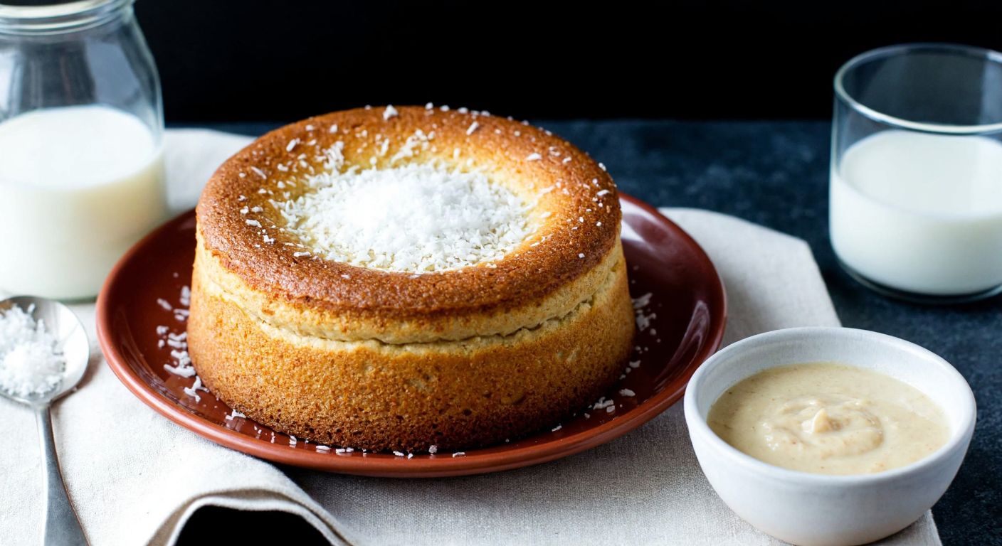 A warm, golden-brown tahini halva soufflé, freshly baked and dusted with coconut flakes, sits on a rustic Turkish ceramic plate beside a small bowl of tahini and a glass of milk.