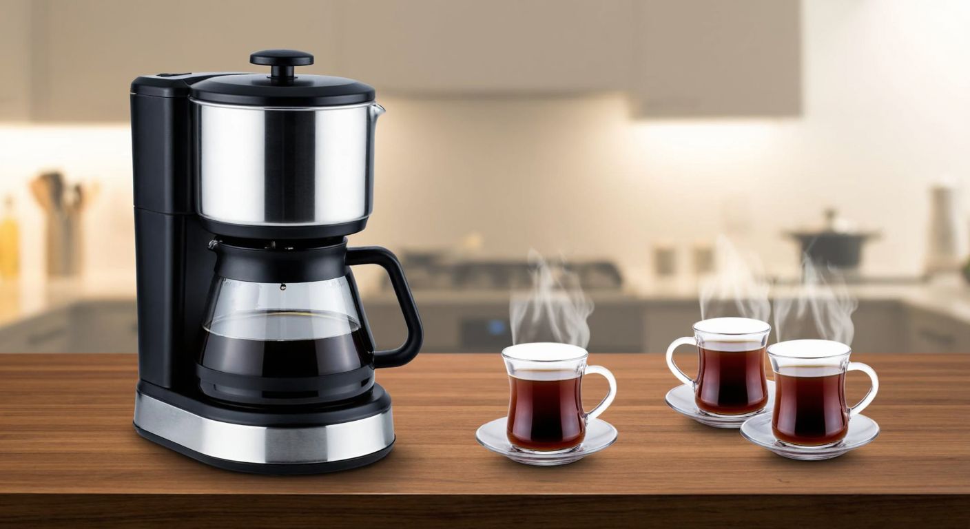 A sleek, stainless steel Turkish coffee machine with a glass carafe sits on a wooden table, steam rising from freshly brewed dark coffee in small traditional cups, surrounded by a warm, inviting kitchen setting.