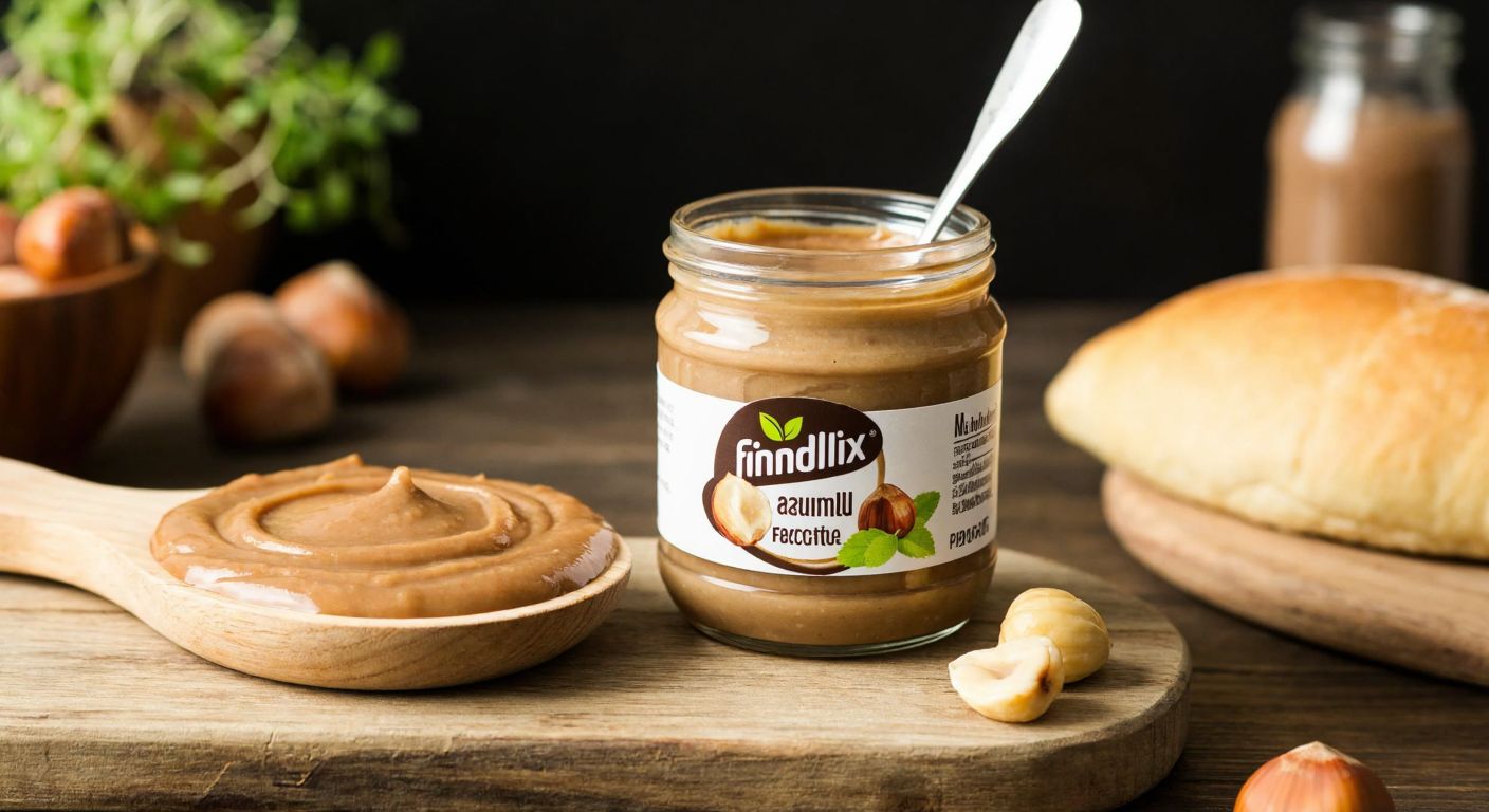 A rustic wooden table in a Turkish kitchen with a jar of **Findux fındık ezmesi**, a spoon dipped in the creamy hazelnut spread, and a warm loaf of bread beside it, evoking comfort and tradition.