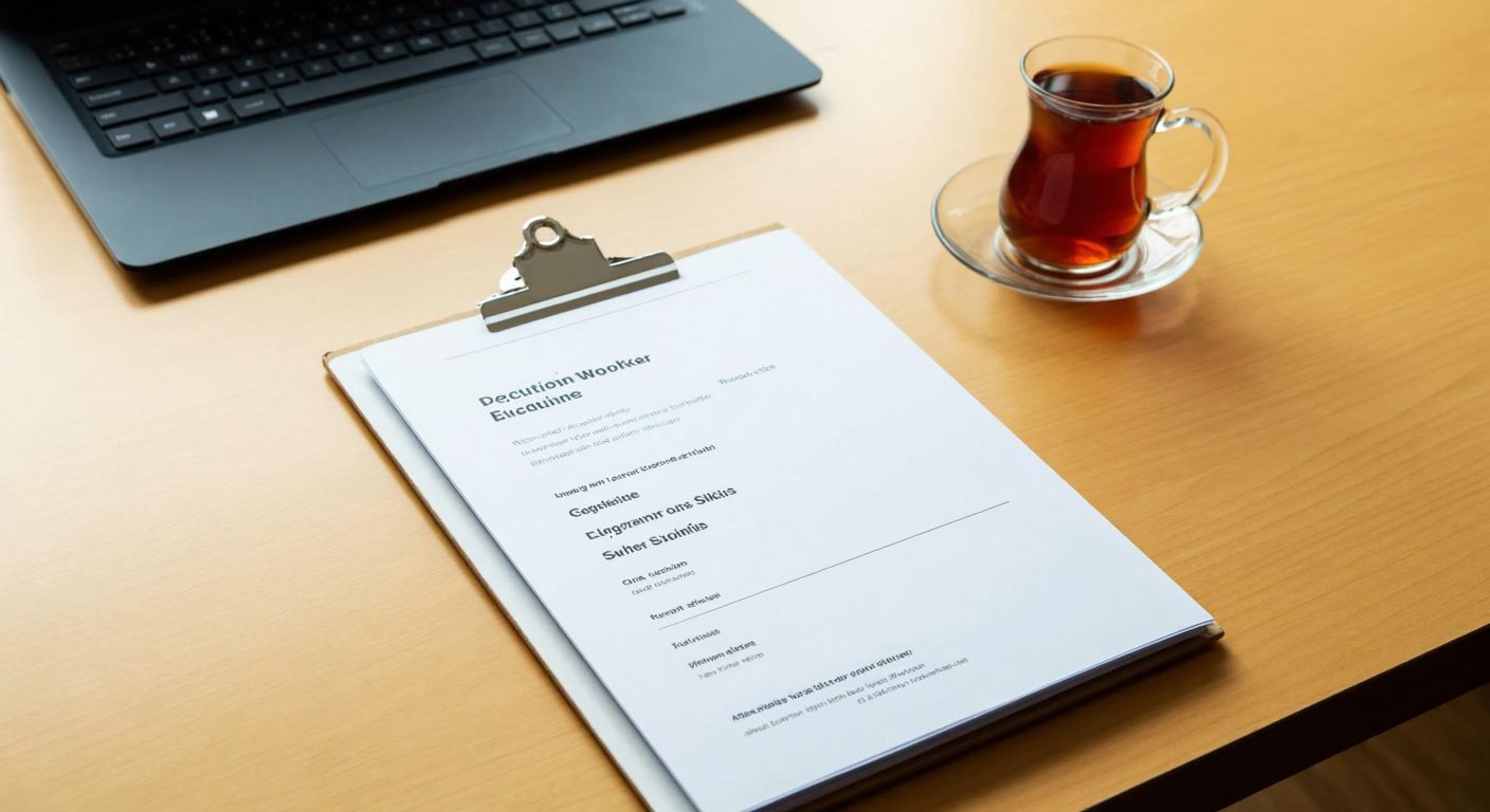 A neatly organized document with sections for education, work experience, and skills, placed on a wooden desk next to a steaming cup of Turkish tea.