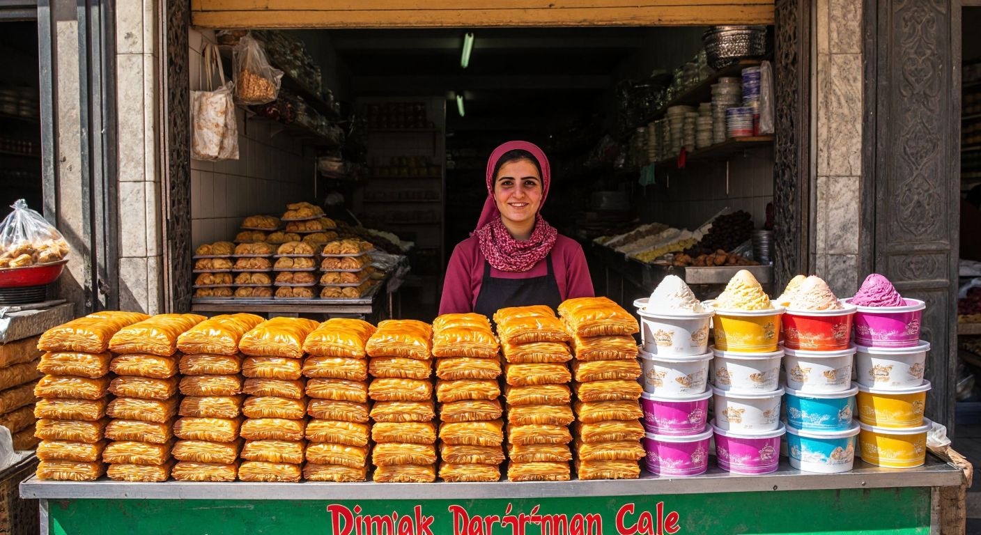 A vibrant Diyarbakır marketplace stall displaying stacks of golden baklava and colorful ice cream tubs under a warm sun, with a proud local vendor in traditional attire smiling behind the counter.