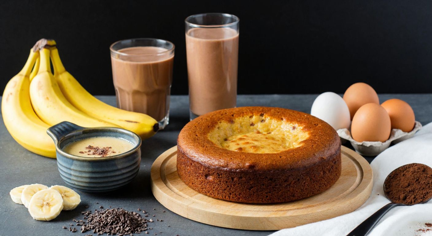 A rustic Turkish kitchen counter displays a golden-brown banana cocoa pudding in a ceramic bowl, a frothy chocolate smoothie in a glass, and a freshly baked cocoa-banana loaf on a wooden cutting board, with ripe bananas, cocoa powder, eggs, and milk nearby.