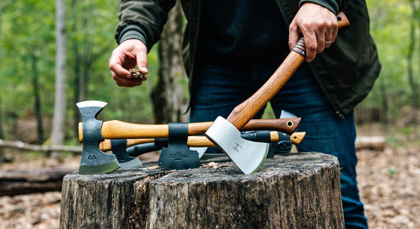 A rugged outdoor enthusiast in a Turkish forest campsite carefully examines a selection of high-quality axes, each with distinct designs, resting on a weathered wooden stump.