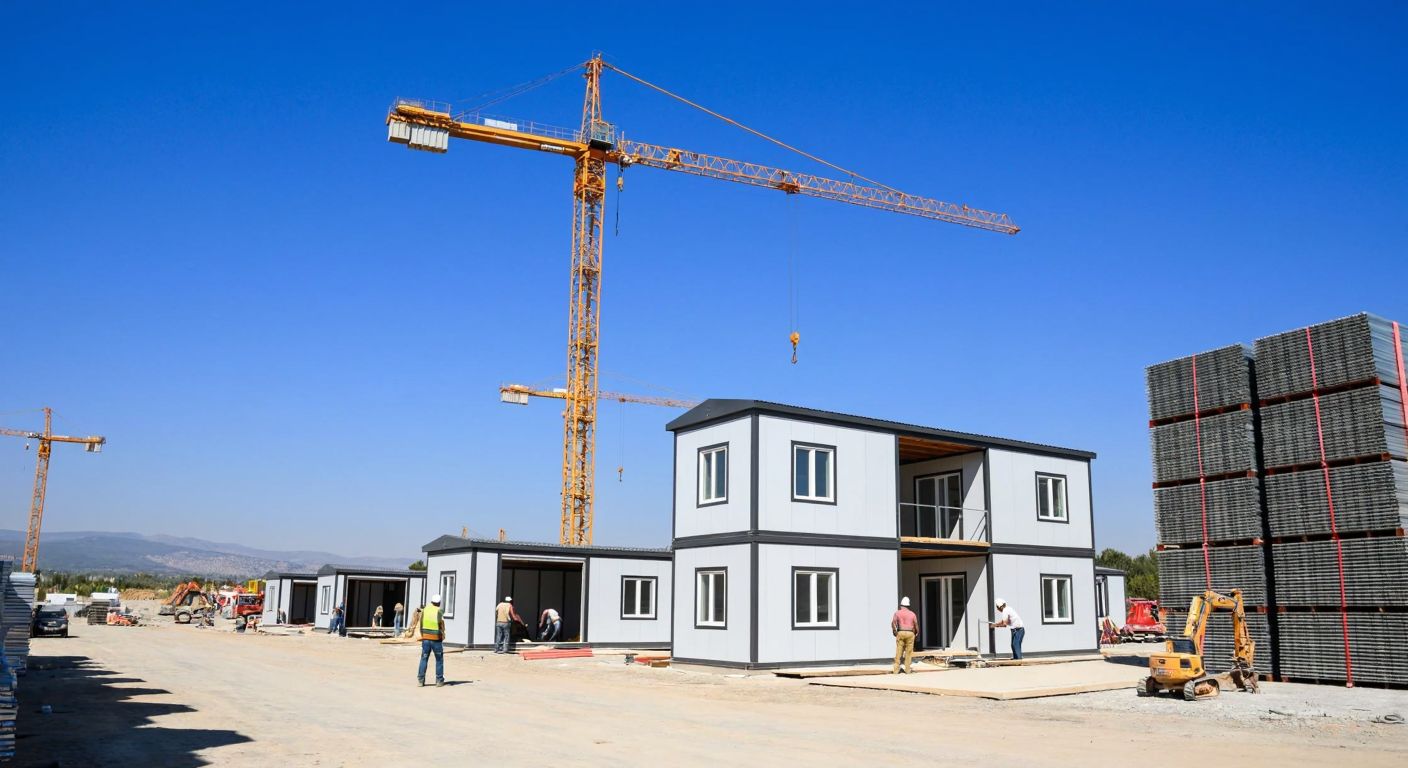 A modern construction site in Turkey with workers assembling prefabricated modular building units under a clear blue sky, surrounded by cranes and stacks of uniform panels.