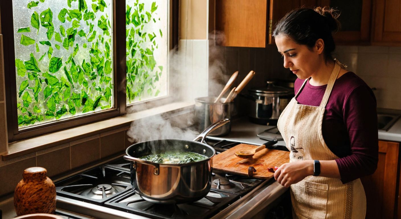 A steaming pot of vibrant green spinach stew sits on a stove, with a wooden spoon resting beside it, while a Turkish woman in a cozy kitchen apron checks the dish with a warm, cautious expression.