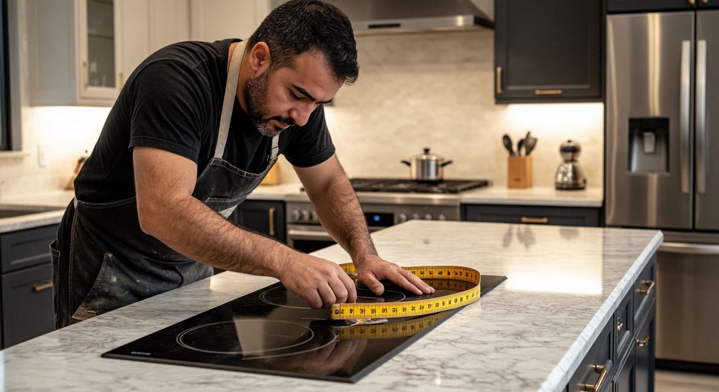 A Turkish craftsman in a well-lit kitchen carefully measures a marble countertop with a tape measure, ensuring precise markings for an inset stove installation, while a sleek stainless steel stove sits nearby.
