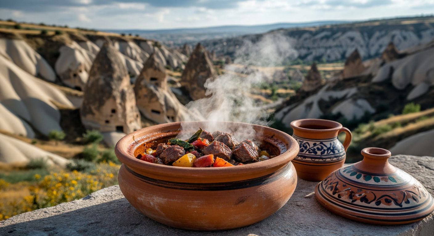 A steaming clay pot cracked open to reveal tender, spiced meat and vegetables, set against a backdrop of Nevşehir's rocky landscapes with traditional Turkish pottery nearby.