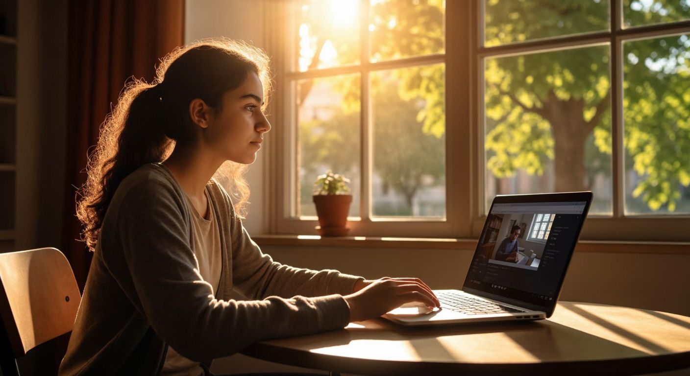 A young Turkish student with a focused expression sits at a wooden desk by a sunlit window, watching a laptop screen displaying a virtual classroom with a professor teaching remotely.