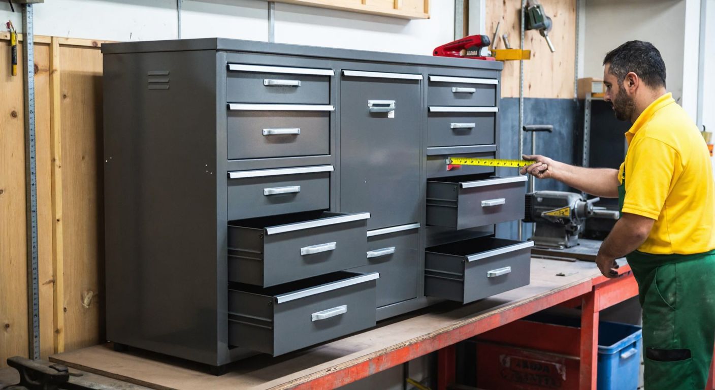 A sturdy metal cabinet with multiple drawers, placed in a Turkish workshop, with a craftsman measuring its dimensions using a tape measure.