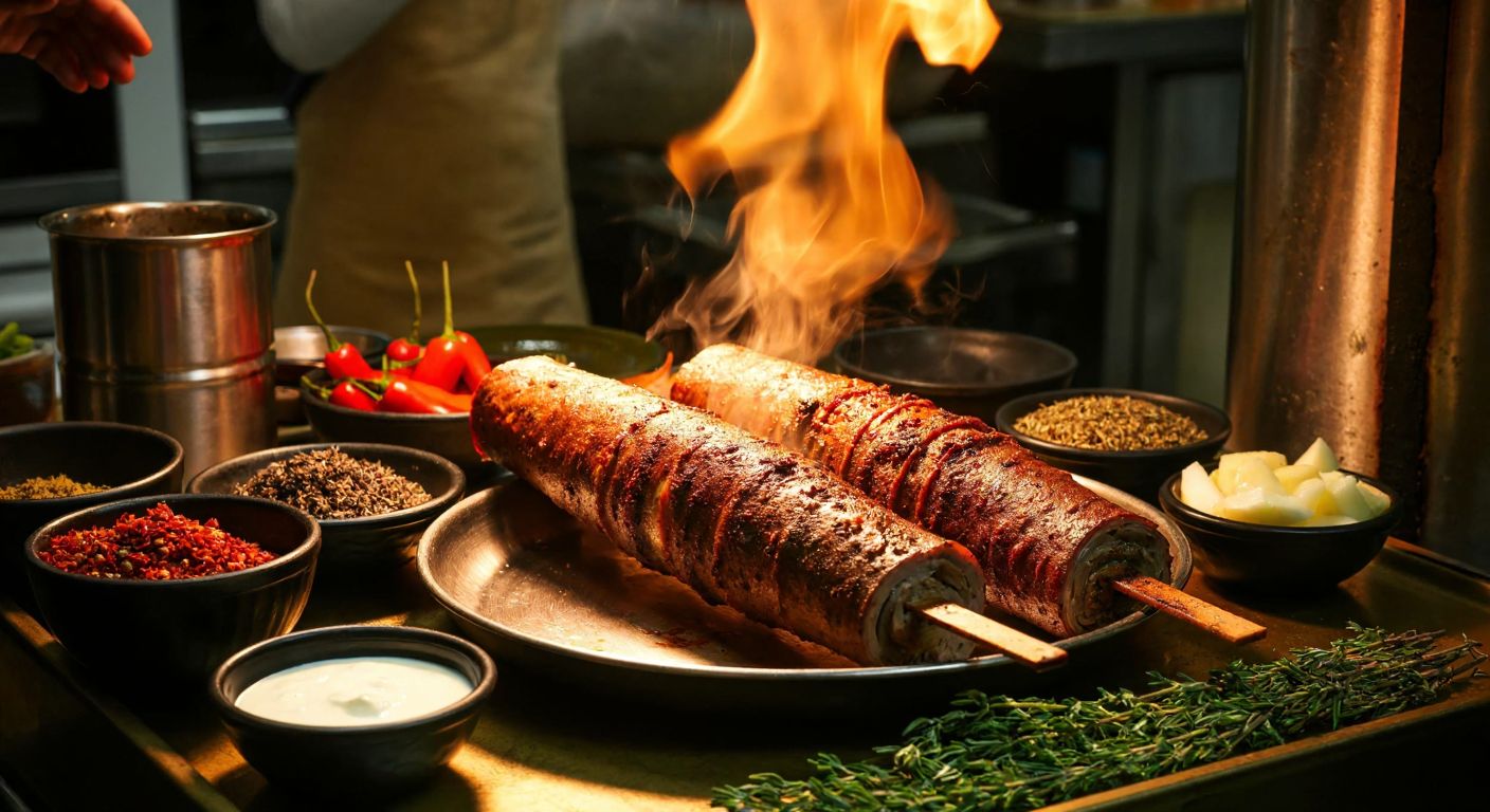 A vibrant Turkish kitchen scene with a sizzling zurna döner on a vertical rotisserie, surrounded by small bowls of thyme, red pepper flakes, cumin, black pepper, garlic powder, and vinegar, with a bowl of yogurt nearby, all bathed in warm golden light.