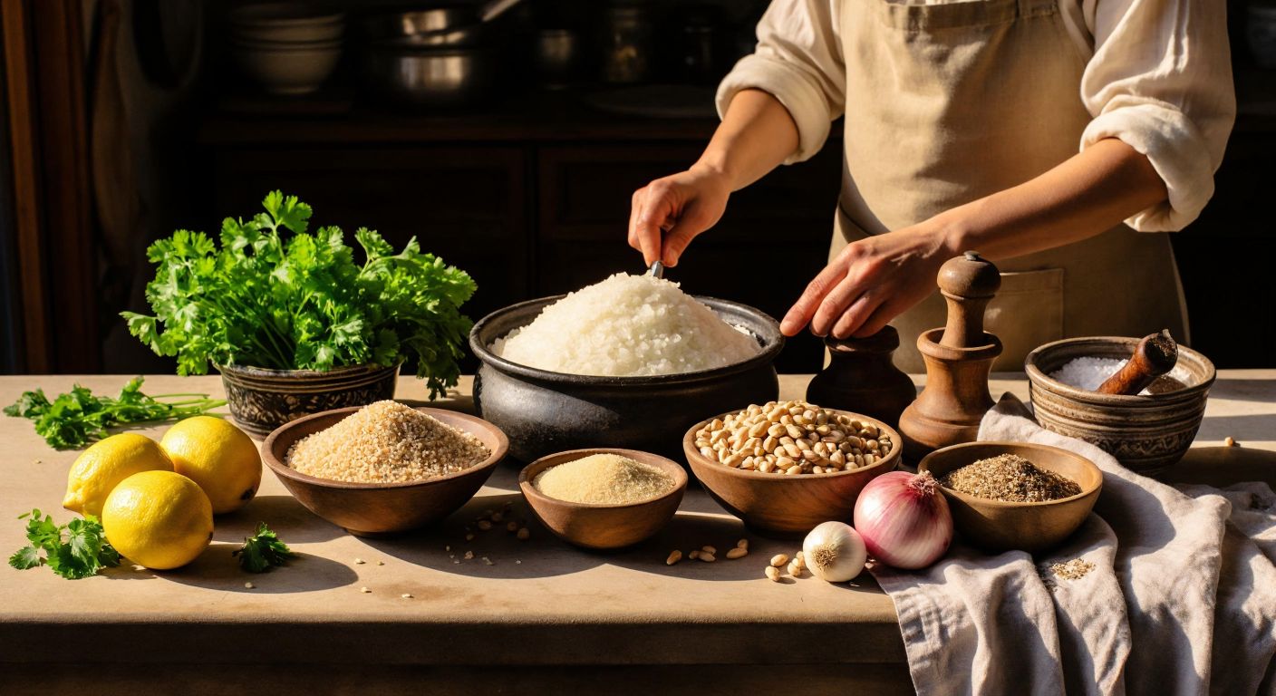 A sunlit Turkish kitchen counter displays fresh ingredients for topik—onions, pine nuts, raisins, chickpeas, and tahini—neatly arranged beside a lemon and a mortar with cumin, while hands in the background shape the mixture into small bundles on a cloth.