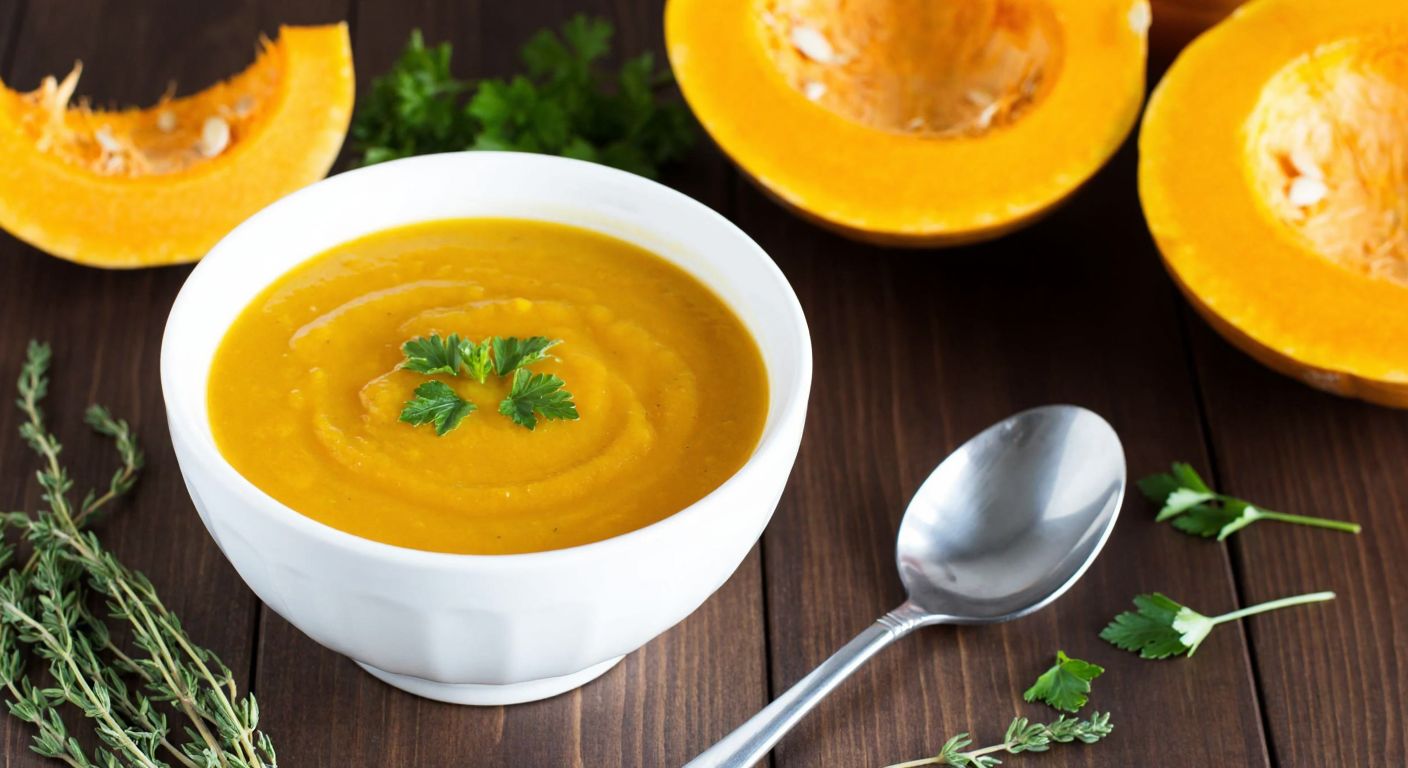 A warm bowl of creamy pumpkin soup sits on a wooden table, surrounded by fresh pumpkin slices and herbs, with a spoon resting beside it, evoking a cozy and healthy meal moment.