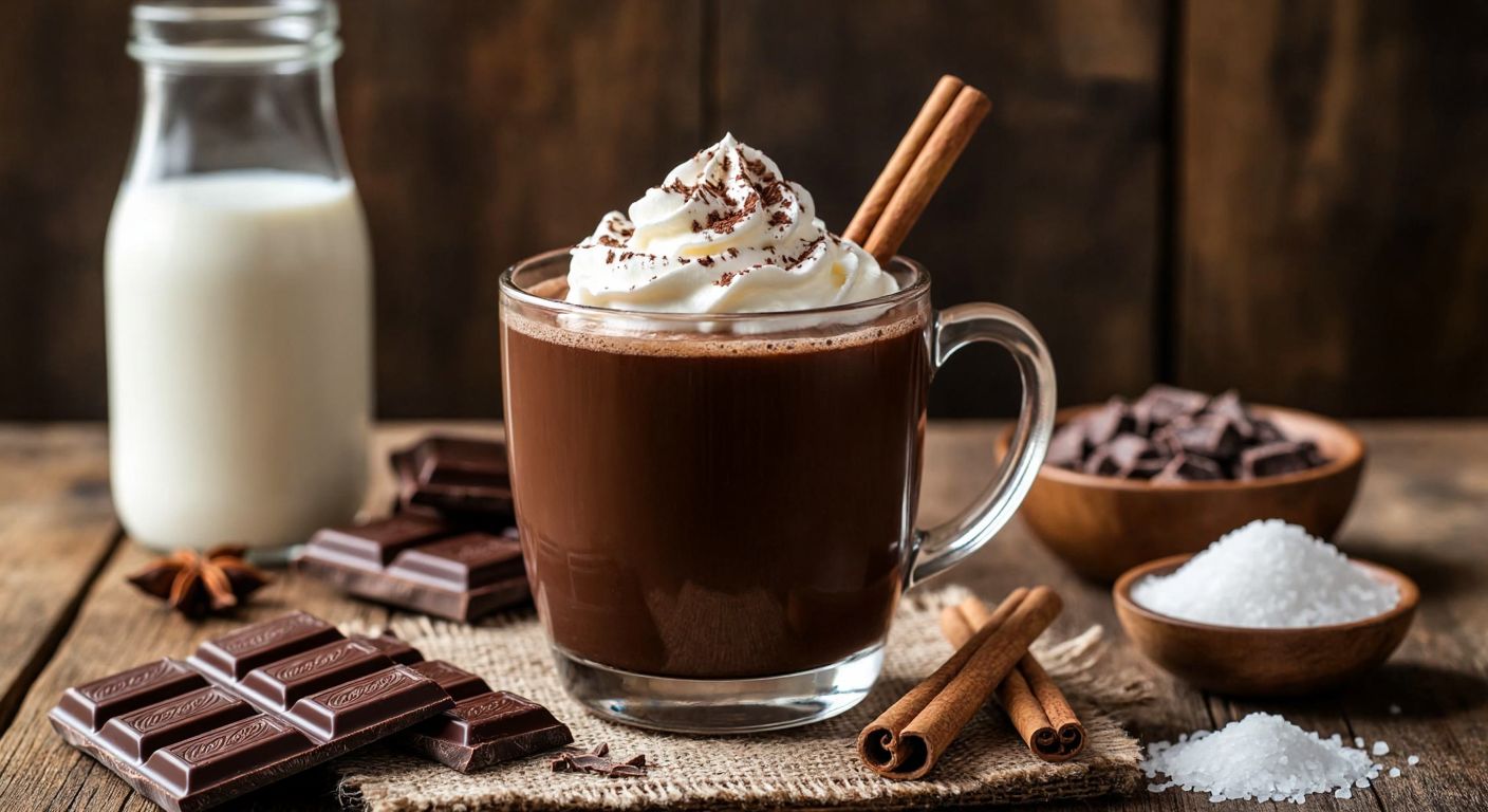 A steaming cup of rich hot chocolate topped with whipped cream and a sprinkle of cocoa powder, surrounded by fresh milk, a bar of dark chocolate, a small bowl of sugar, and a cinnamon stick on a wooden table in a cozy Turkish kitchen.
