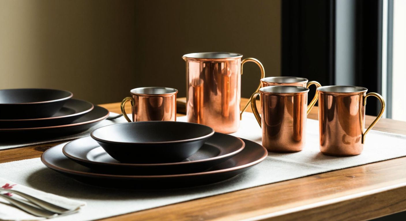 A polished copper dining set with elegant cups, plates, and bowls arranged neatly on a wooden table in a cozy Turkish home, reflecting warm light.