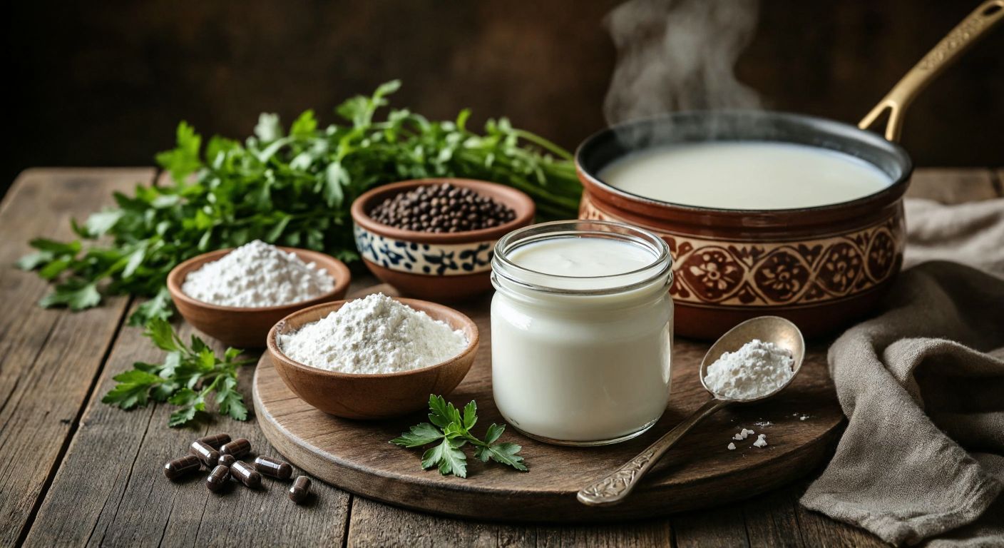 A warm Turkish kitchen with a wooden table displaying a glass jar of creamy white yogurt, a small bowl of powdered inulin, a capsule of probiotics, and a pot of steaming milk, surrounded by fresh herbs and a traditional ceramic spoon.