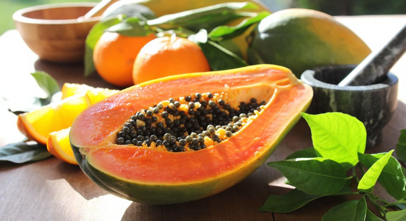 A vibrant, ripe papaya sliced open on a wooden table in a sunlit Turkish kitchen, surrounded by fresh citrus fruits and leafy greens, with a mortar and pestle nearby, symbolizing the vitamins and minerals mentioned.