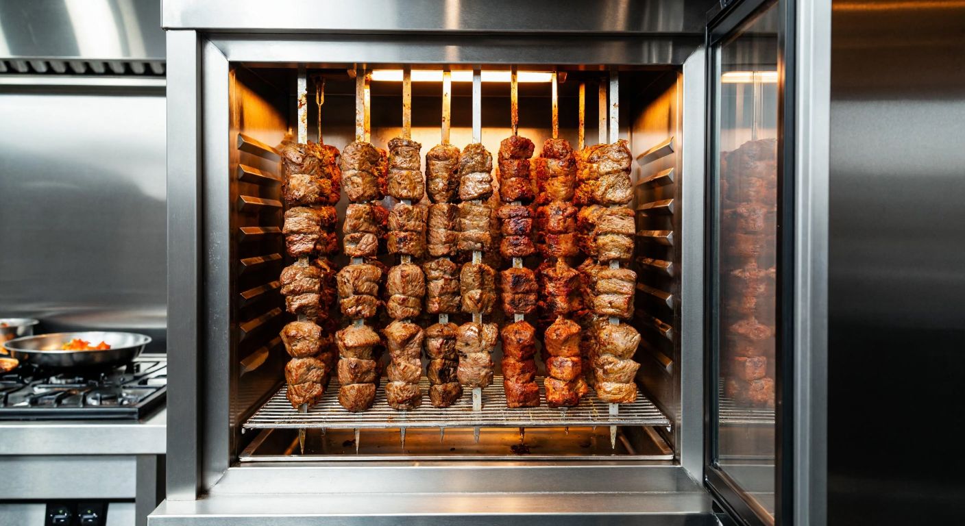 A gleaming stainless steel kebab fridge in a bustling Turkish restaurant kitchen, filled with neatly stacked skewers of marinated meat, set to a crisp, cool temperature with condensation lightly forming on its interior.