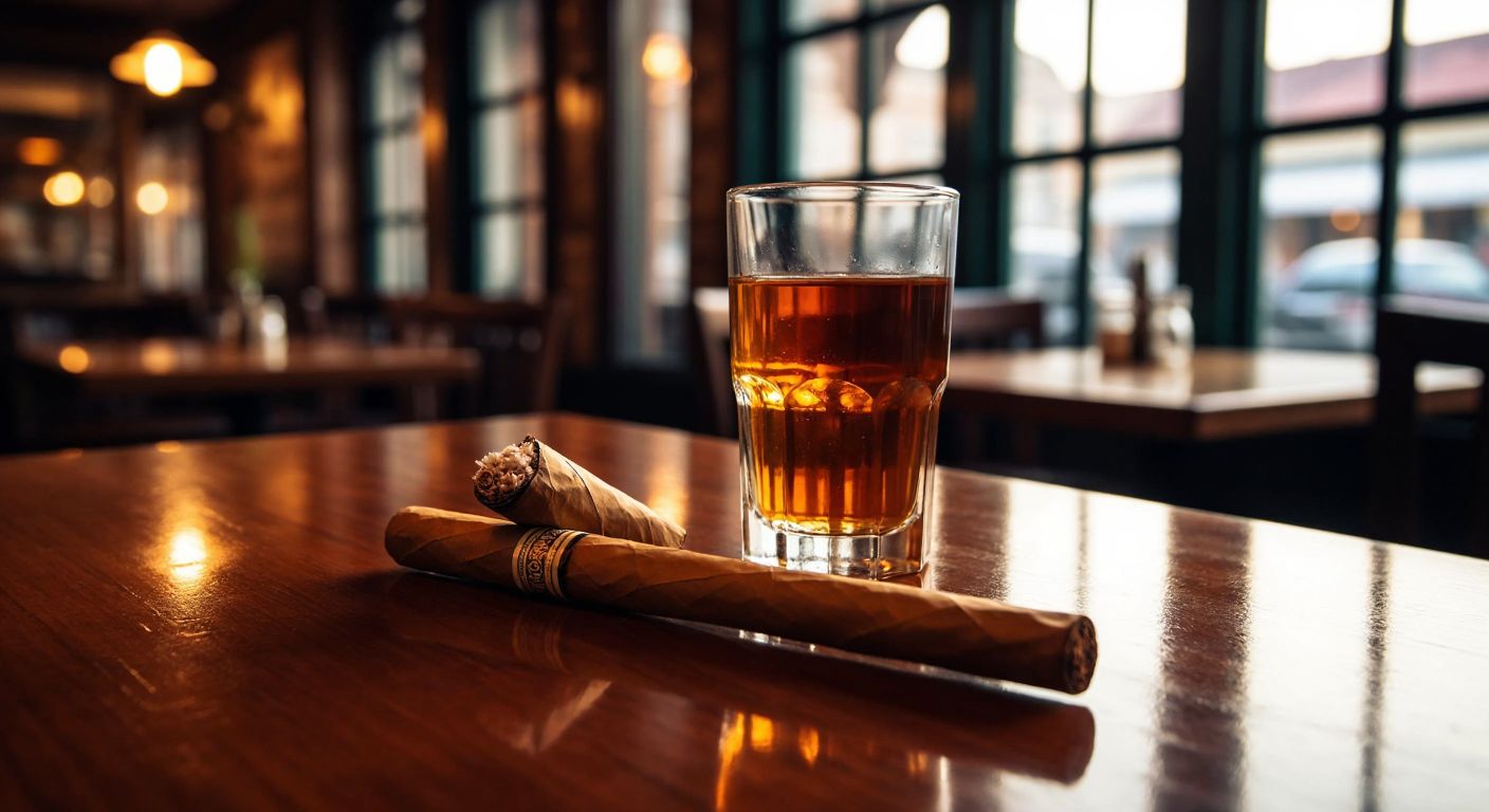 A slender, dark brown cigarillo rests on a polished wooden table beside a glass of amber rakı, with a backdrop of warm Turkish café lighting.