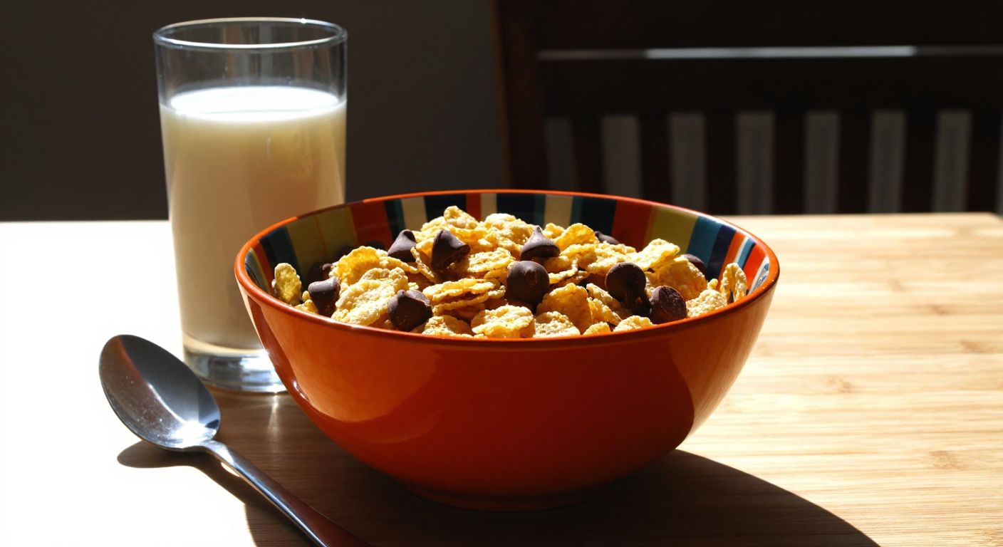 A colorful bowl of cornflakes with chocolate pieces mixed in, sitting on a sunlit wooden table in a Turkish kitchen, with a spoon resting beside it and a glass of milk nearby.