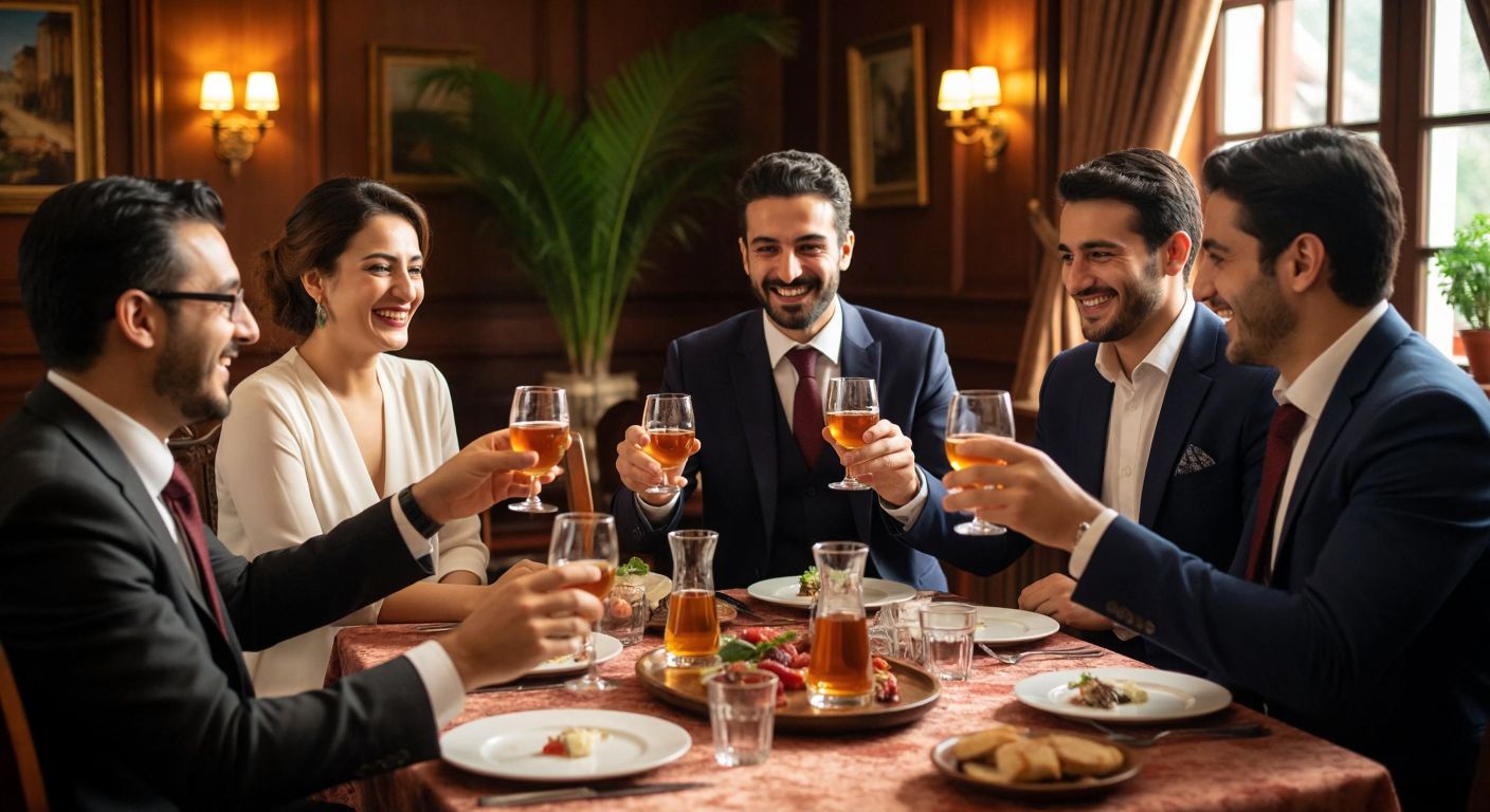 A group of well-dressed Turkish adults in a warmly lit dining room, smiling as they raise small glasses of amber-colored kanyak after a meal.