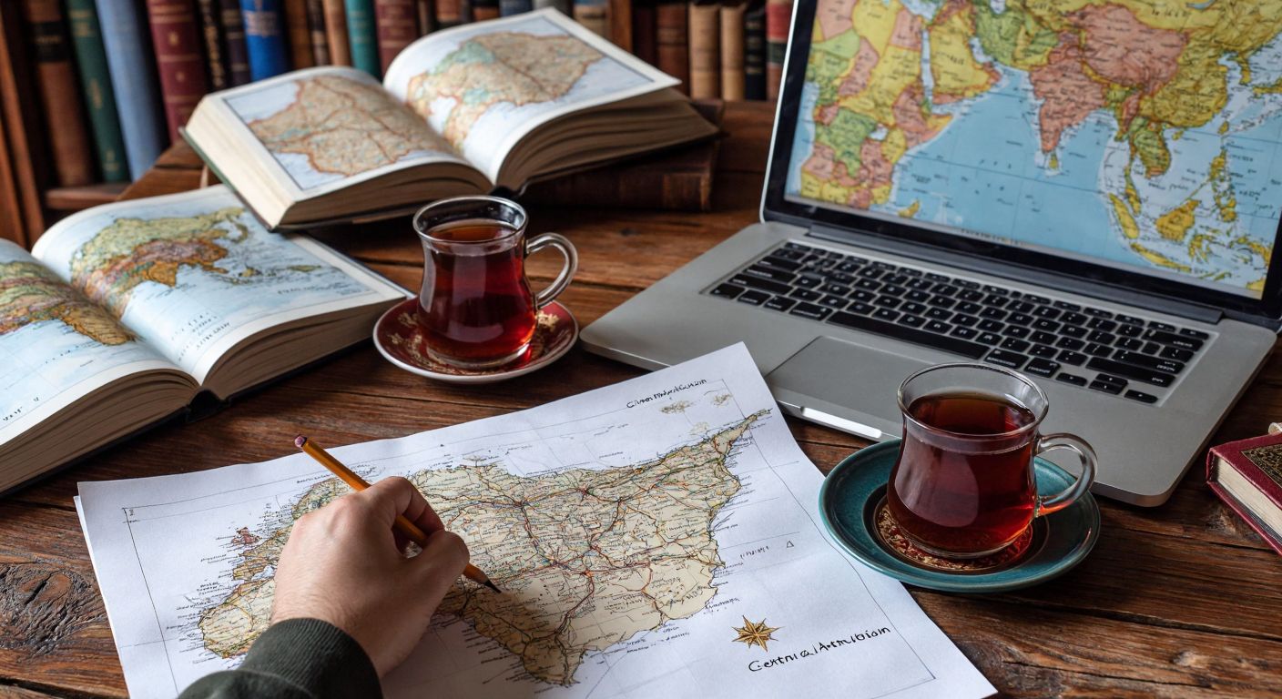 A person in Turkey sketches the rough outline of Central Anatolia on paper, surrounded by open geography books and a laptop displaying a map, with a steaming cup of Turkish tea nearby.