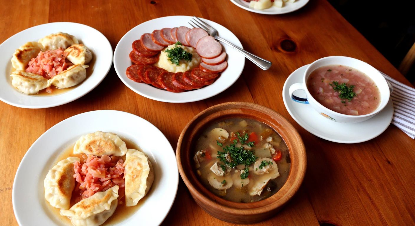 A cozy wooden table in a warm Polish home, set with steaming plates of pierogi, gołąbki, and zurek, alongside slices of kielbasa and a bowl of rosół, evoking a hearty and inviting dinner atmosphere.