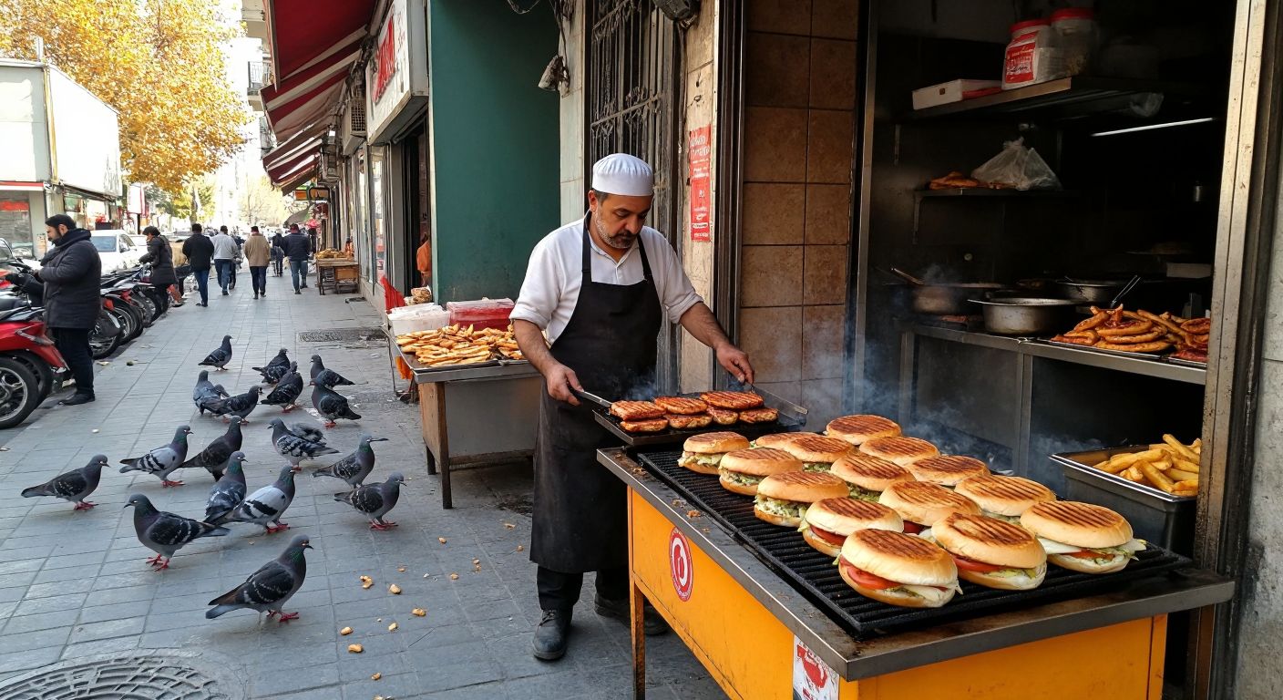 A bustling Turkish street vendor grilling golden kumru sandwiches while a small flock of doves pecks at crumbs nearby.