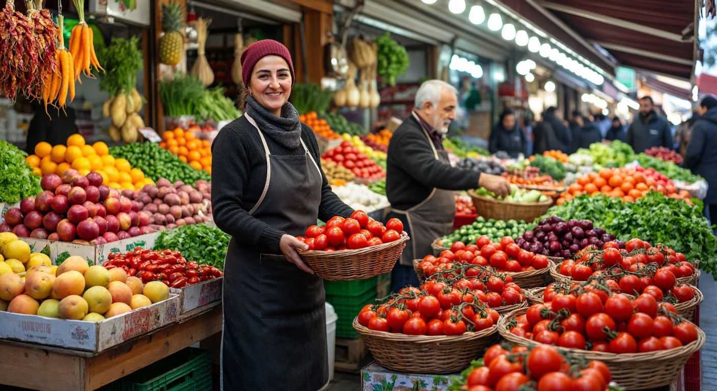 A vibrant Turkish market stall in Ankara, overflowing with fresh organic fruits, vegetables, and spices, where a smiling vendor in an apron hands a customer a basket of sun-ripened tomatoes.