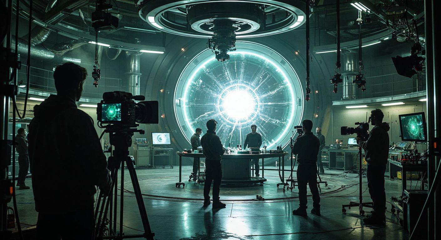 A dimly lit film set with cameras and crew members focused on a futuristic laboratory scene, while a glowing particle accelerator hums in the background.