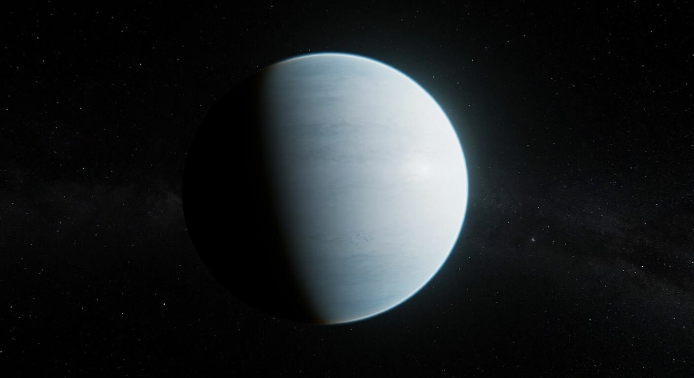 A small, icy dwarf planet floats in the darkness of space, surrounded by distant stars, with a faint glow reflecting off its surface.