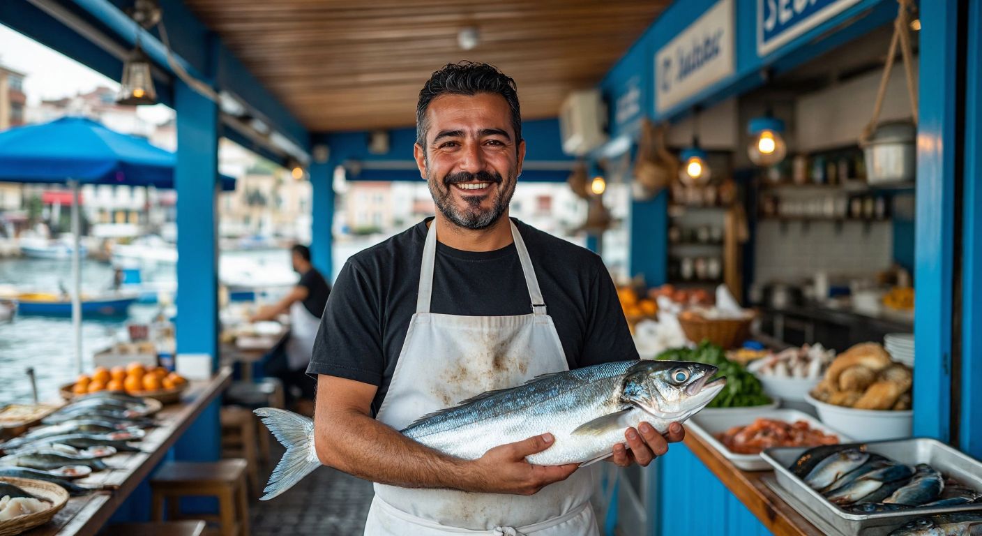 A smiling middle-aged Turkish man in a chef's apron stands proudly in front of a bustling seafood restaurant with blue accents, holding a fresh catch.