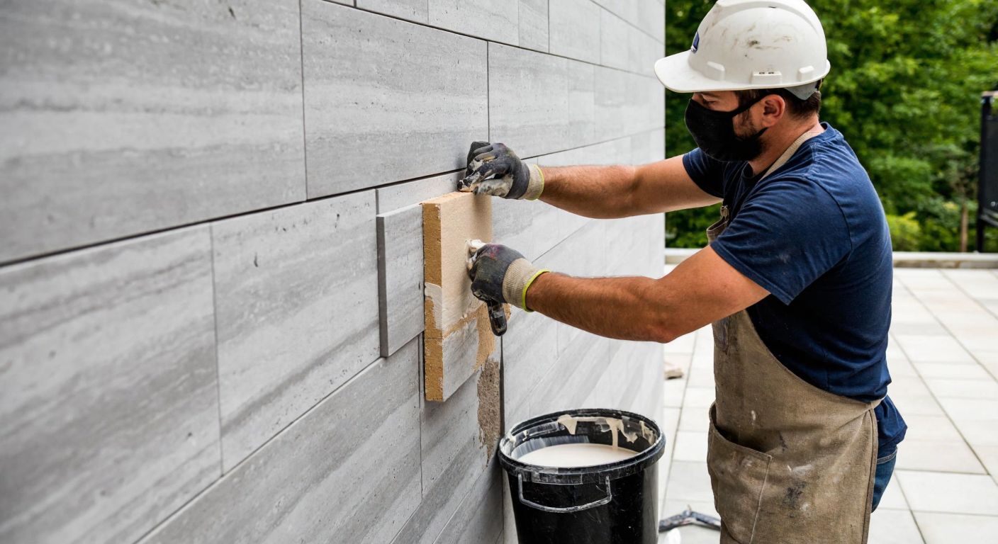 A skilled worker in a dusty apron carefully places smooth gray travertine tiles onto a building's exterior wall, with a trowel in hand and a bucket of adhesive nearby.