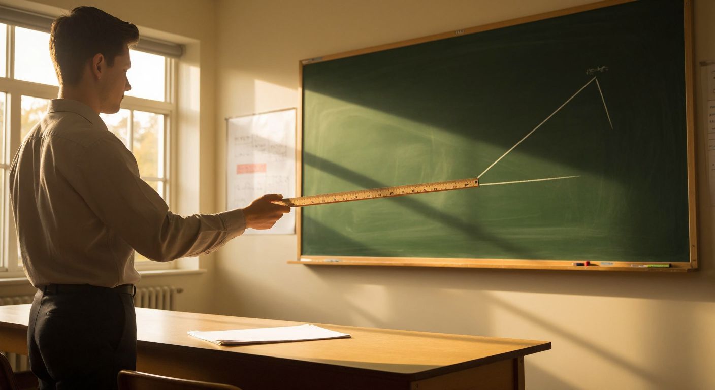 A bright chalkboard in a sunlit classroom shows a bold straight line with a small dot beside it, connected by a crisp perpendicular line segment, while a hand holds a ruler poised to measure the distance.