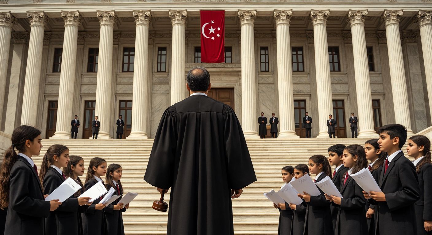 A solemn Turkish judge in a black robe stands before a grand marble courthouse, holding a gavel, while a group of young students in school uniforms eagerly watch from the steps, clutching exam papers.