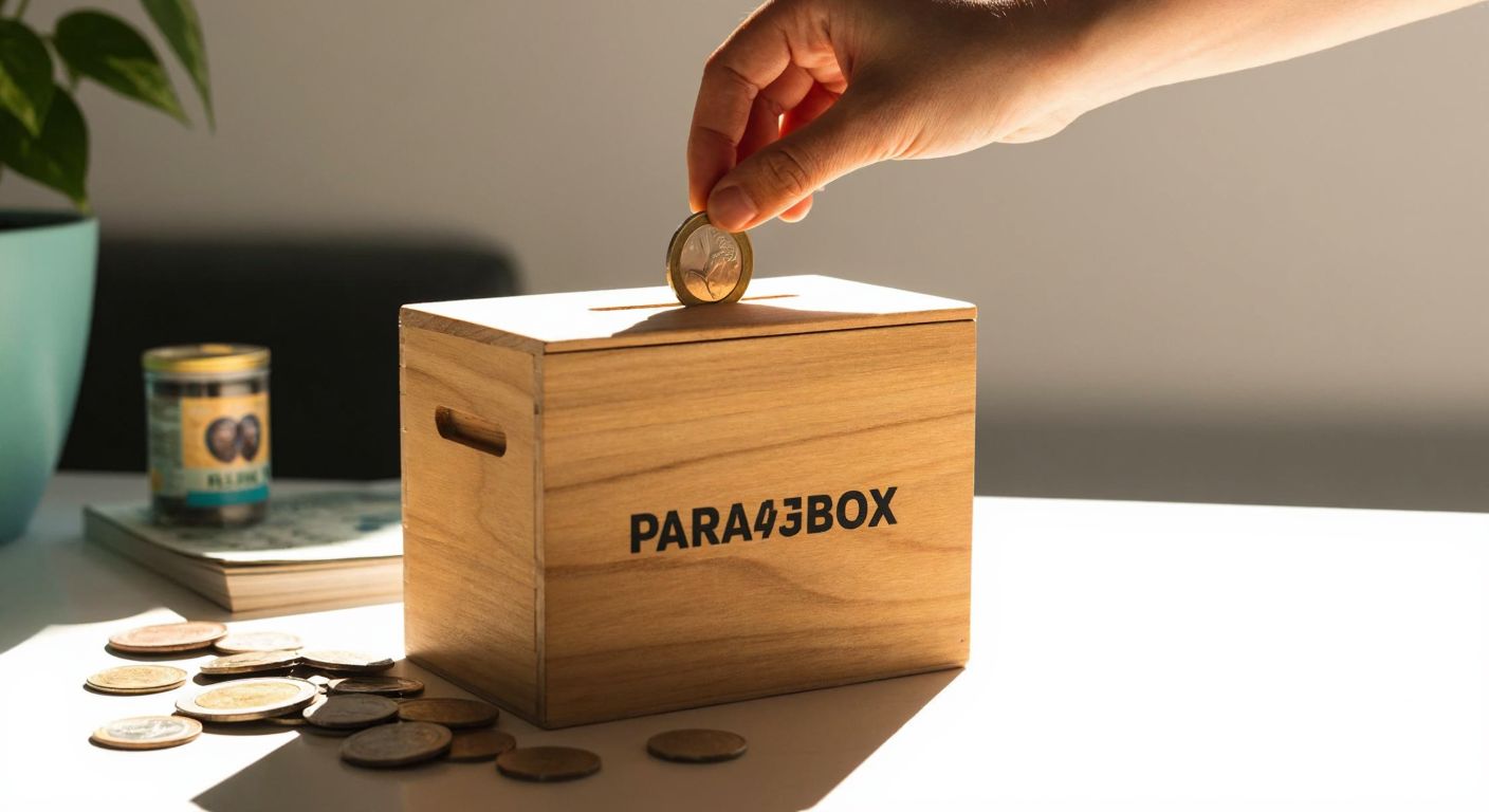 A wooden savings box labeled "Parabox" sits on a sunlit table in a cozy Turkish home, surrounded by scattered coins and a small stack of lira bills, with a person's hand gently dropping another coin into the slot.