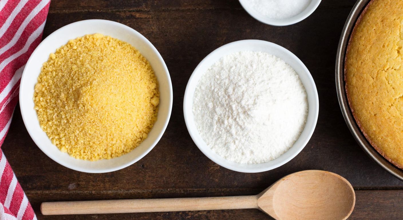 A rustic Turkish kitchen counter with two small bowls side by side—one filled with golden-yellow cornmeal (mısır unu) and the other with fine white cornstarch (mısır nişastası), a wooden spoon resting between them, and a warm loaf of cornbread baking in the oven nearby.