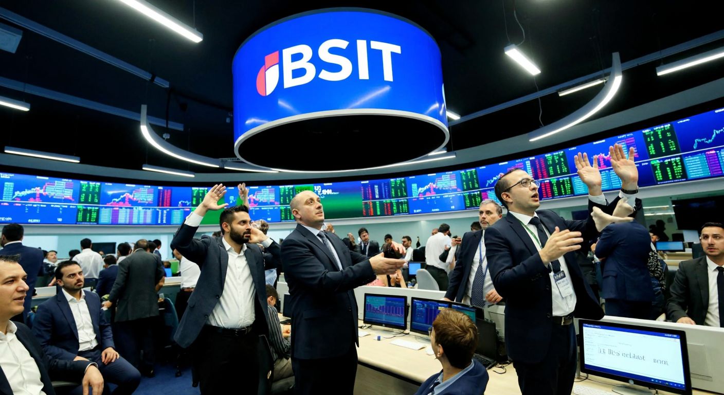 A bustling stock exchange floor in Istanbul with traders in suits gesturing animatedly, surrounded by digital tickers displaying bank stock trends, under a large BIST logo.