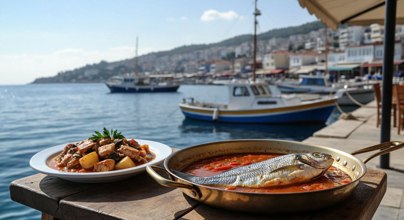 A freshly caught grey mullet sizzling in a golden, flour-dusted pan beside a steaming plate of fish stew, set on a rustic wooden table overlooking a sunlit Turkish fishing harbor.