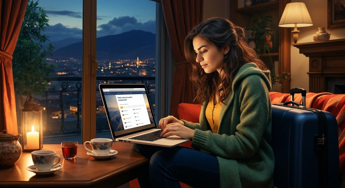 A Turkish woman in a cozy home setting confidently browses a laptop screen displaying a secure online flight booking page, with a steaming cup of çay beside her and a suitcase ready by the door.