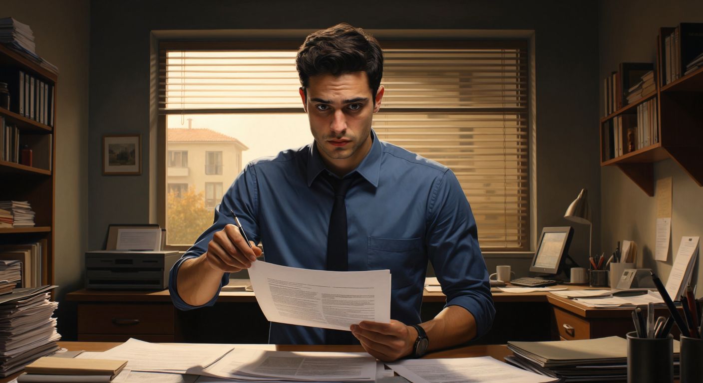 A person in a Turkish office setting, wearing a collared shirt, holds a printed document while pointing to an envelope with a paperclip attached, looking curious yet reassured.