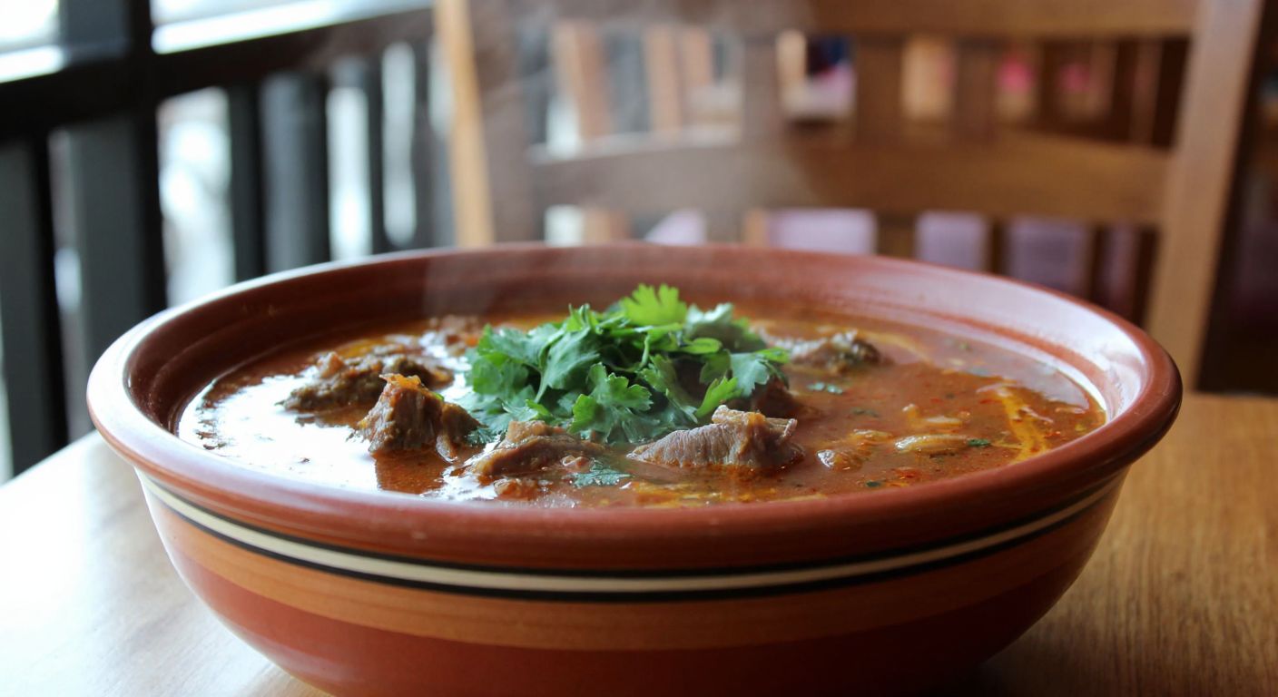 A steaming bowl of rich, aromatic **Beyran soup** with tender pieces of **lamb meat**, garnished with fresh parsley, served in a traditional Turkish ceramic bowl against a backdrop of a cozy Gaziantep-style eatery.