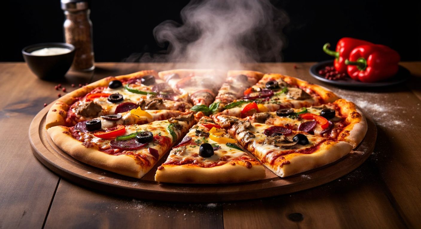 A freshly baked medium-sized mixed pizza with eight perfectly sliced triangular pieces, steam rising from melted cheese and colorful toppings like peppers, olives, and mushrooms, placed on a wooden table in a cozy Turkish pizzeria.