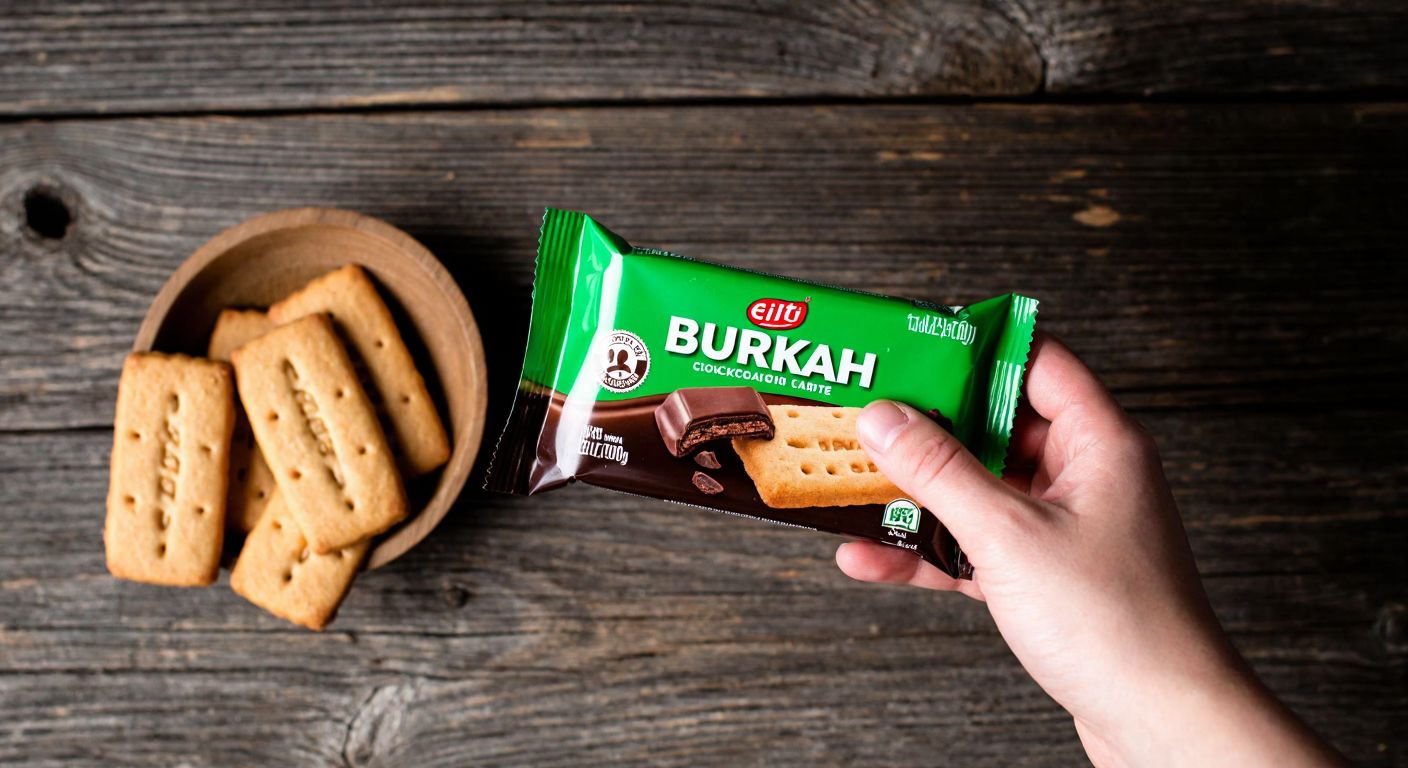A hand holding a green and brown package of Eti Burçak Bitter Çikolatalı biscuits against a rustic wooden table with a few loose biscuits scattered beside it.