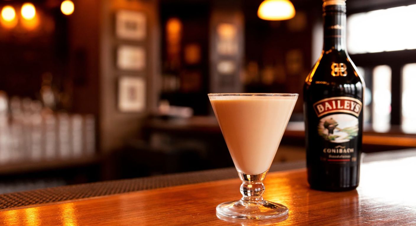A smooth glass of creamy Baileys liqueur resting on a wooden bar table in a warmly lit pub, with a bottle of Baileys in the background.
