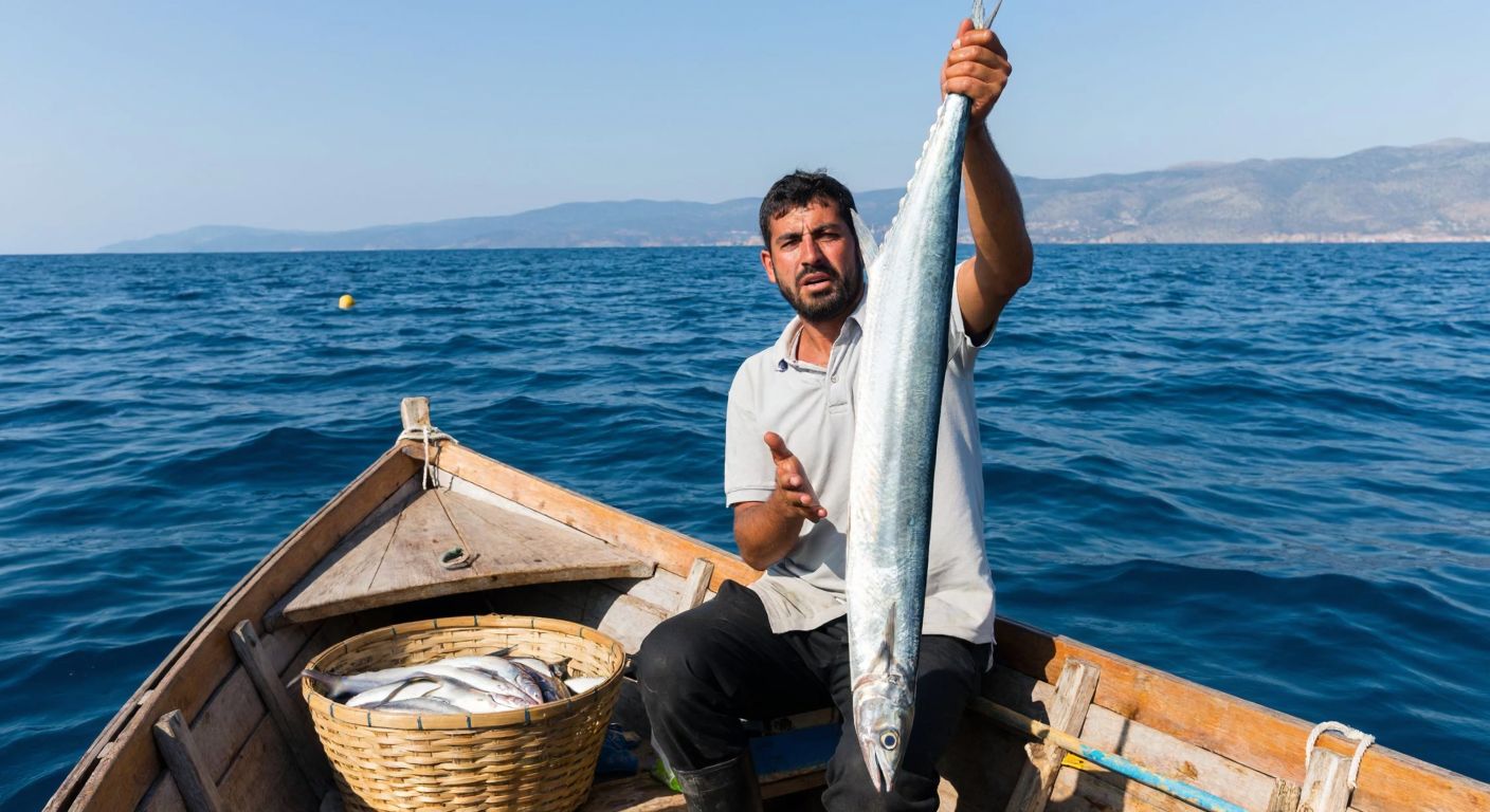 A Turkish fisherman in a small wooden boat on the Aegean Sea holds up a long, silvery ribbonfish (Regalecidae) with a puzzled expression, while a basket of fresh, edible fish sits beside him.