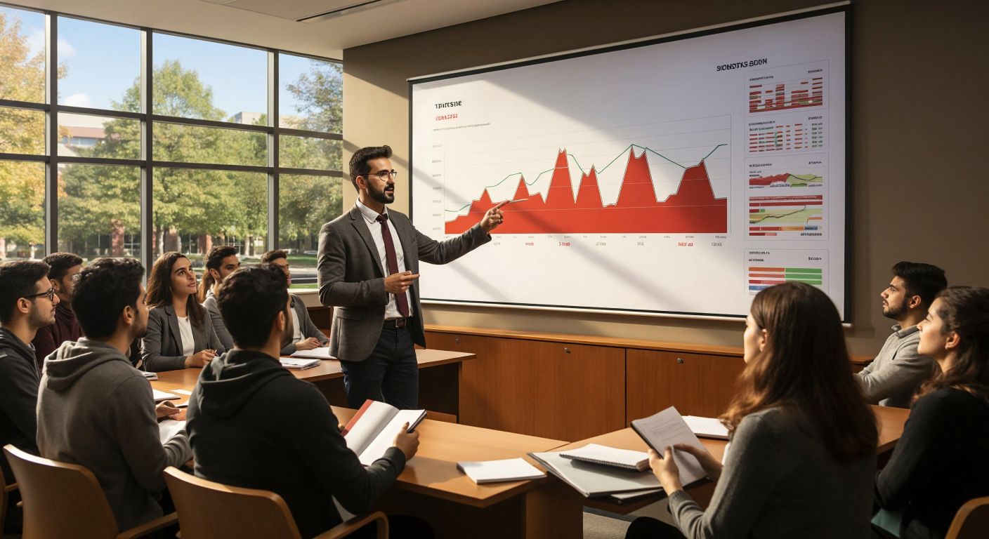 A Turkish professor in a lecture hall pointing at a large chart with rising price graphs, surrounded by attentive students holding notebooks, with a university campus visible through the window.